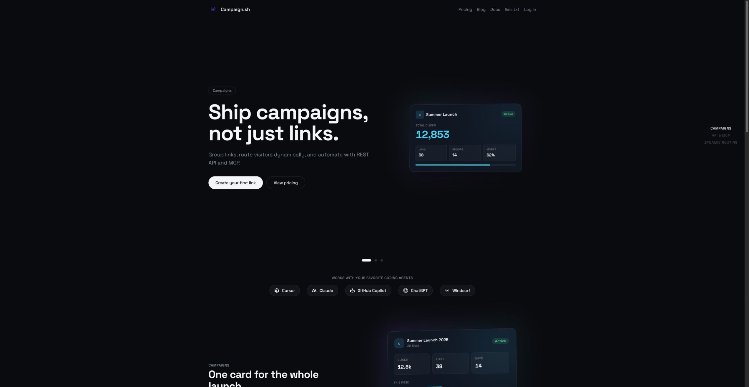 Campaign.sh interface showing campaign routing and analytics