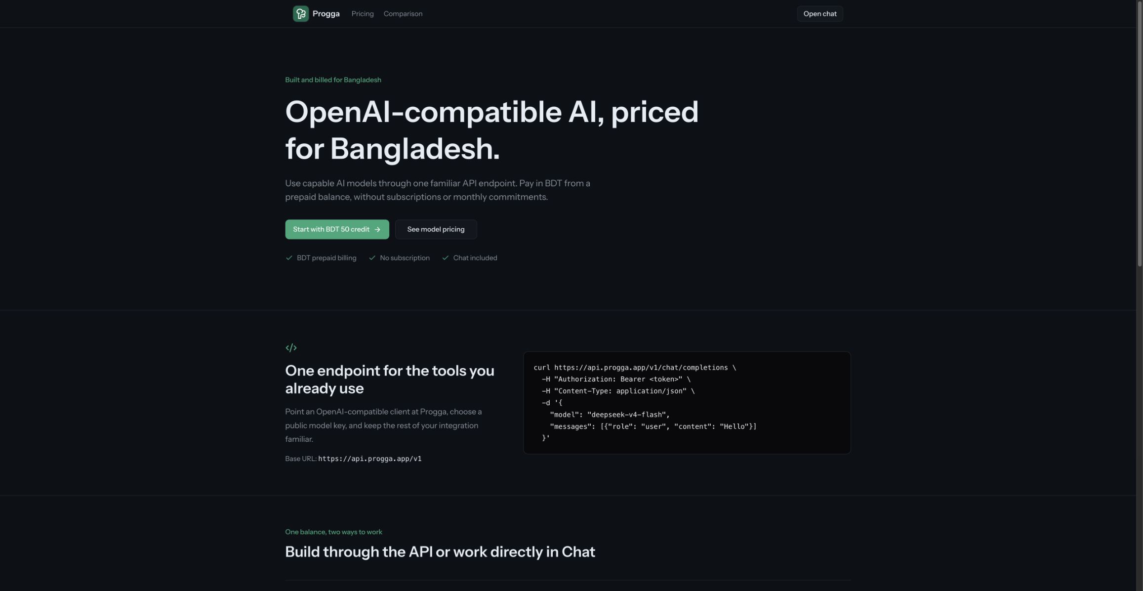 Progga product page for an OpenAI-compatible AI API in Bangladesh